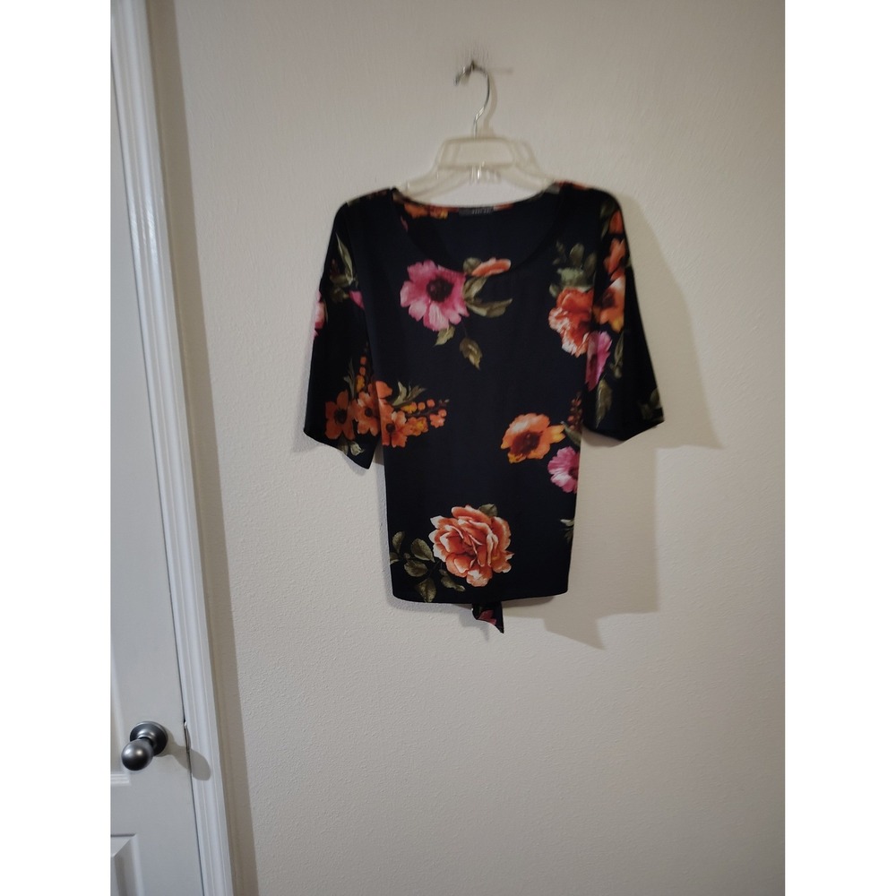 West Kei Womens Floral Tie Back Blouse Black Pink Orange Short Sleeve Top Medium